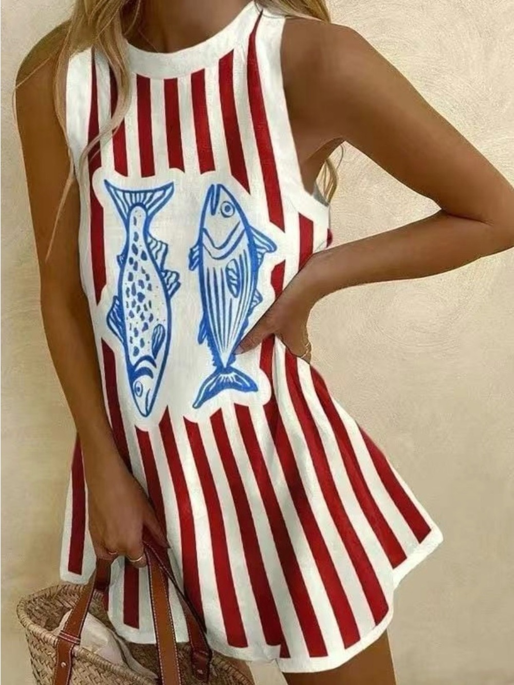 SHEIN Red & White Striped Tank Mini Dress with Blue Fish Print